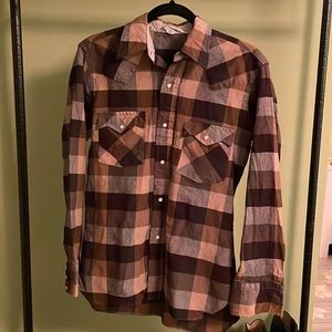 Vintage Santacruzer worsted wool snap button mens small brown plaid shirt